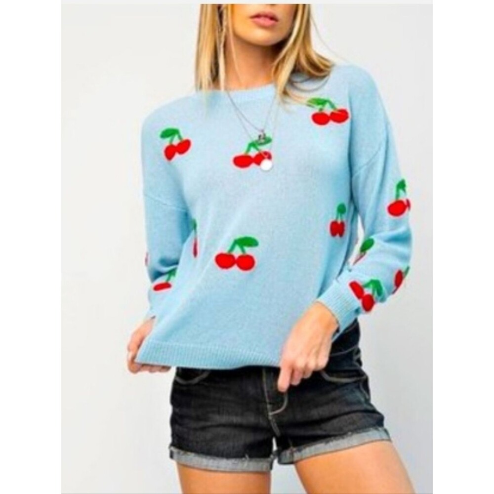 Kori blue knit cherry print pull over oversized sweater cute classic size large